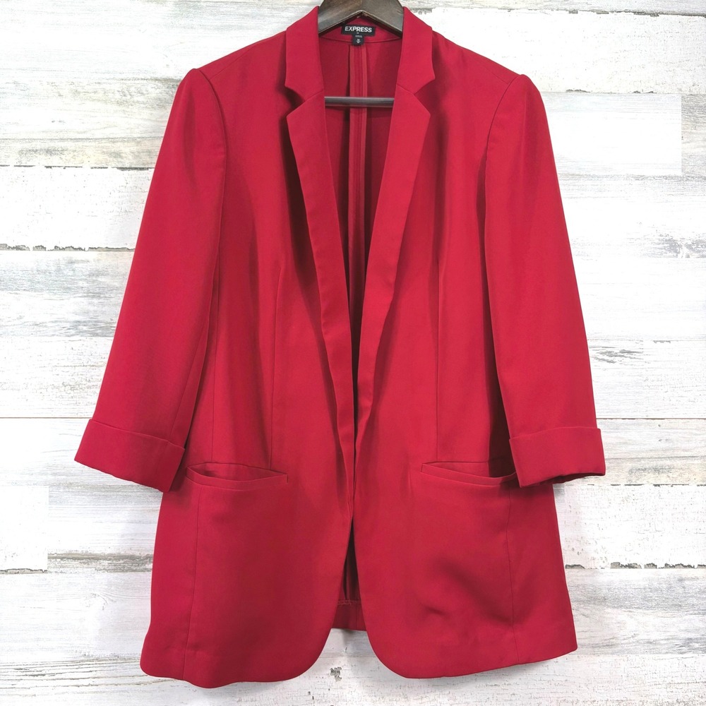 Express Blazer Women Medium Red Open Front 3/4 Sleeve Notched Lapel Corpcore